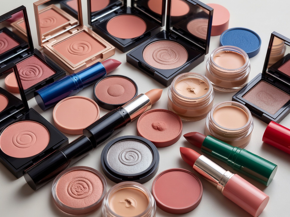 Makeup textures and warm cosmetic colours arranged as a visual identity study