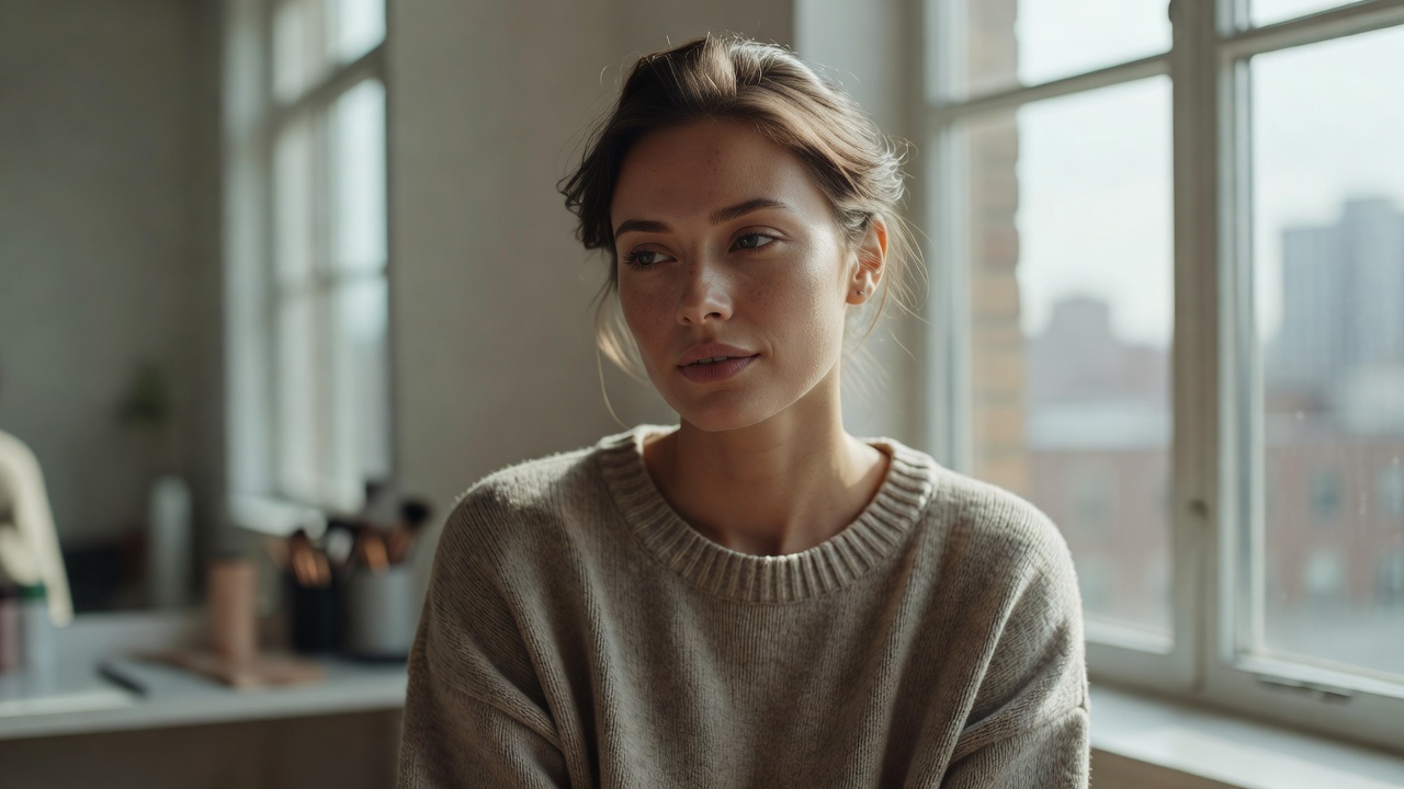 A candid portrait of a beauty creator beside a window, with natural skin texture visible