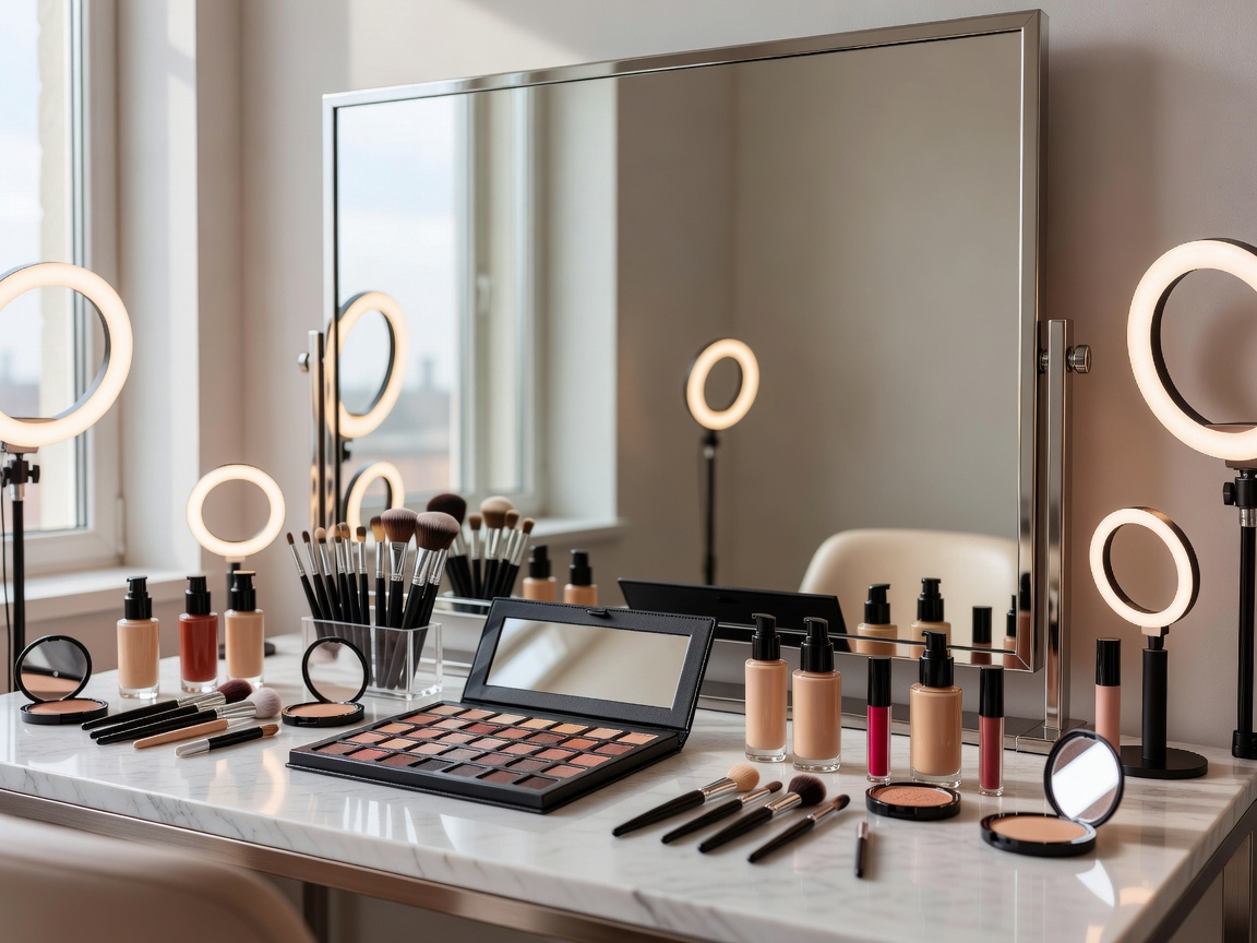 A working beauty studio with a mirror, preparation surface and makeup tools