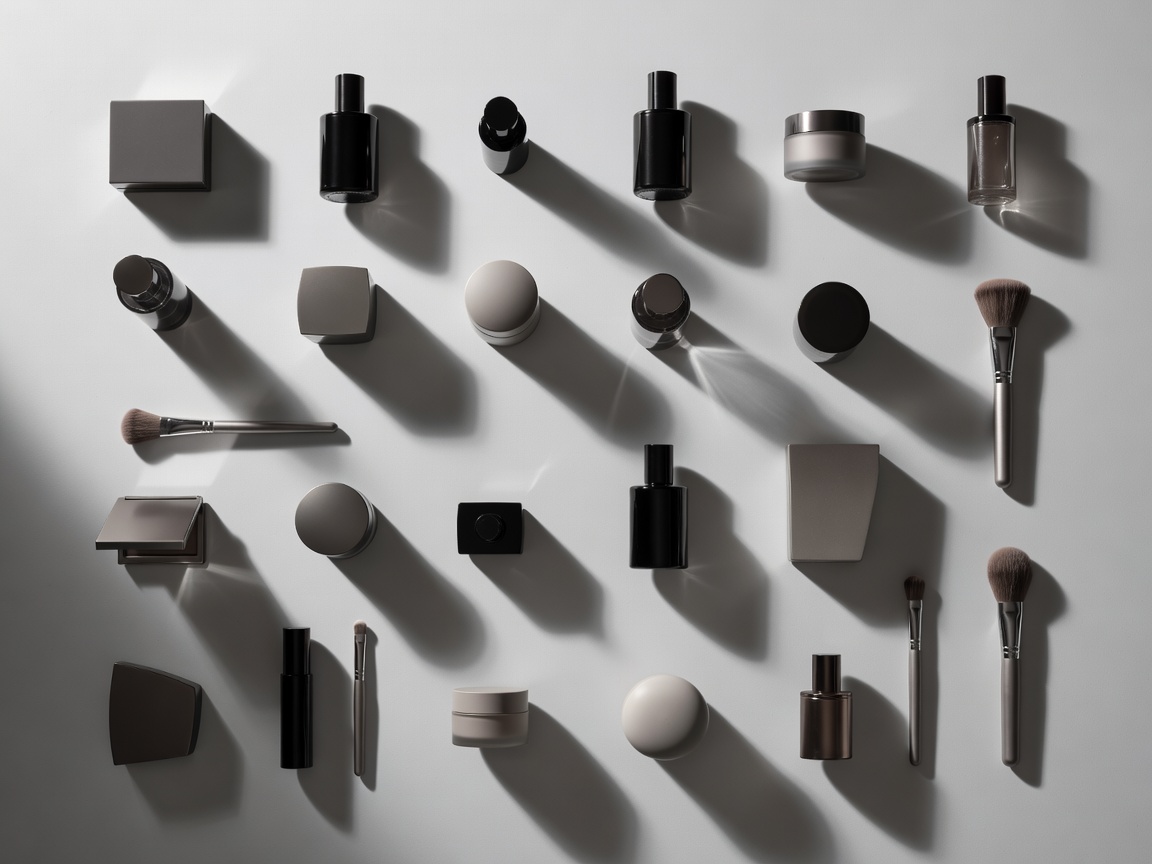Cosmetics arranged in a flat lay with varied shapes, directional shadows and negative space