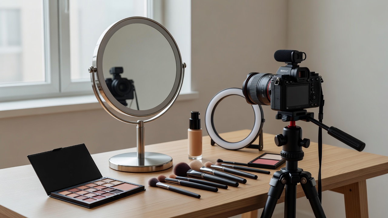 A camera and beauty mirror positioned for a compact tutorial recording session